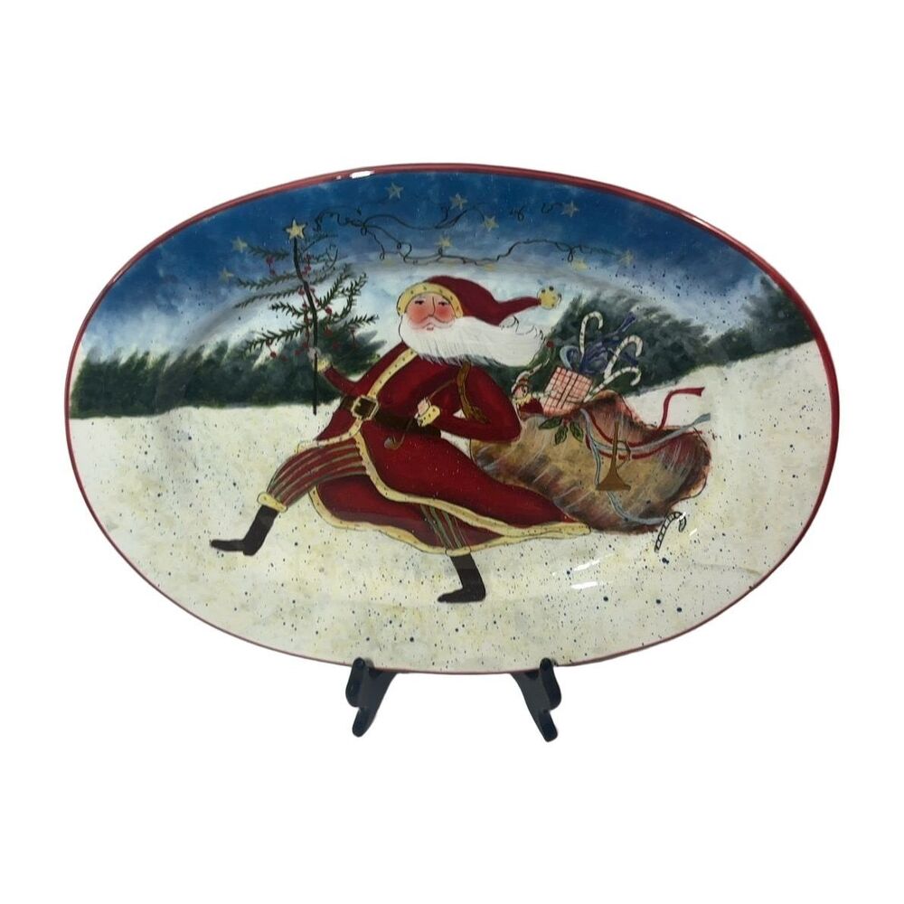 Certified International Enchanted Santa Oval Serving Platter 14x10 in Red